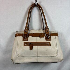 Coach Designer Leather Tote Bag In Cream & Brown With Zippered Pocket & Dual Han